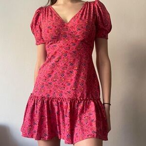 Betsey Johnson Women’s Pink Floral Mini Dress size XL Short Sleeves Ruffle Hem